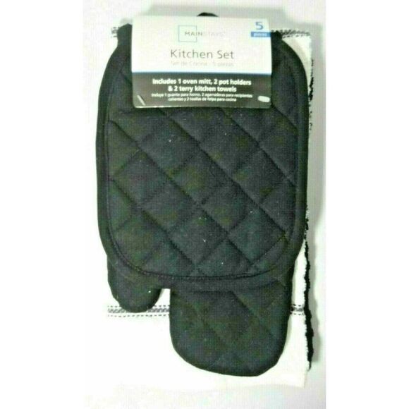 Black White Kitchen Towel Set of 5 Oven Mitt Potholders Solid Stripe Cotton NWT - Picture 2 of 3
